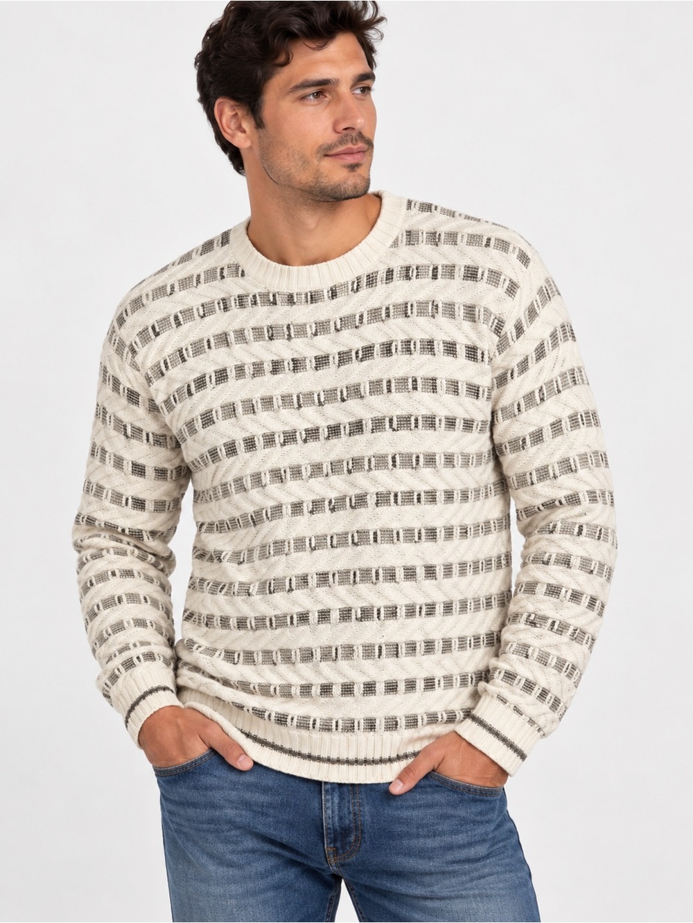 bill blass 100% cotton Cream and Brown Striped Men's Crewneck Sweater M
